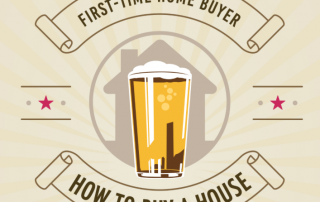 First Time Home Buyer How To Buy A House in brown text with graphic of beer in front of a home in the middle