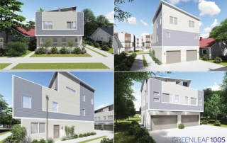 Four images of rendering of the same modular three story home