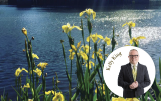 Lake with yellow flowers in front of it and a round white circle over the image with a picture of Kelly King in it