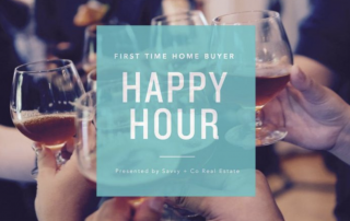 People doing a cheers with glasses of beer with first time home buyer happy hour over the image